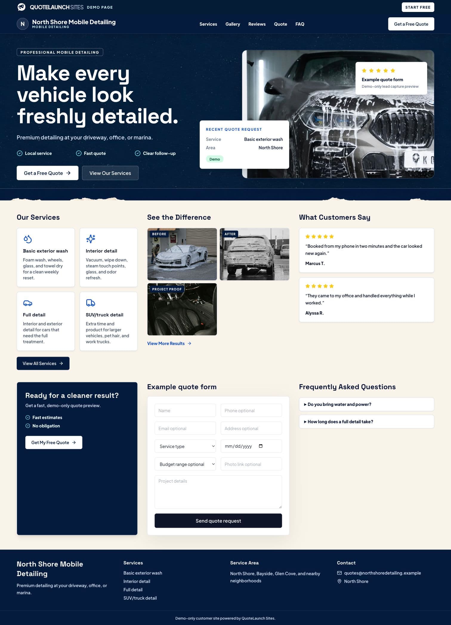 Current mobile-detailing demo with the QuoteLaunch BIMI logo, vehicle detailing imagery, services, reviews, and quote form